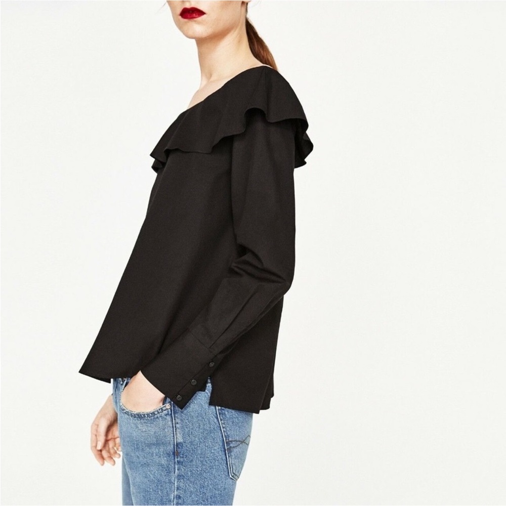 Zara Ruffle Neck Black Blouse